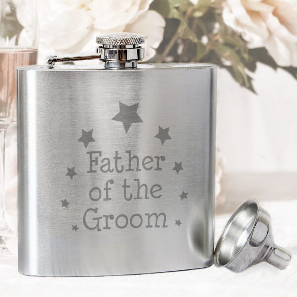 Two glasses filled with pink Champagne Father of the Groom Hip Flask