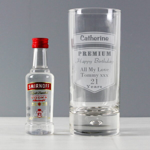 Personalised Premium Hi Ball Glass & Smirnoff Vodka Miniature Set