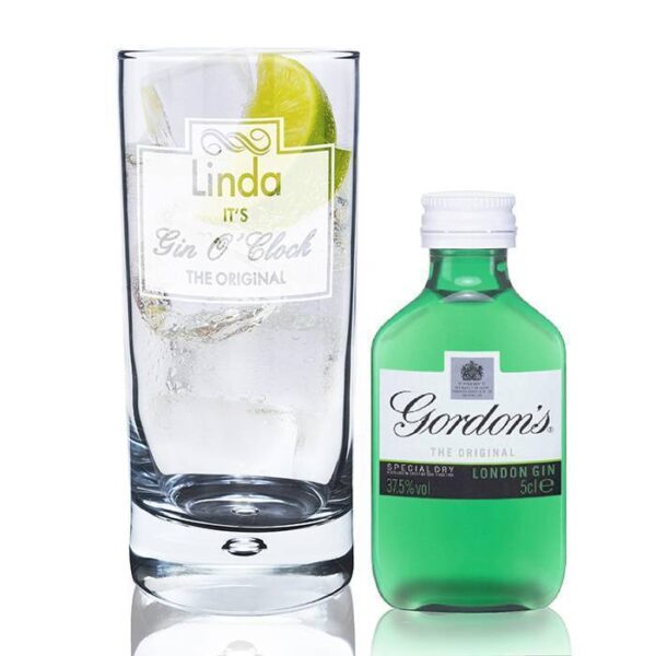 Personalised Gin OClock Hi Ball Bubble Glass & Mini Gin Set