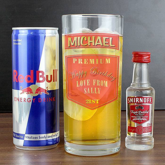 Personalised Vodka Glass & Red Bull Set Personalised Bottle Labels