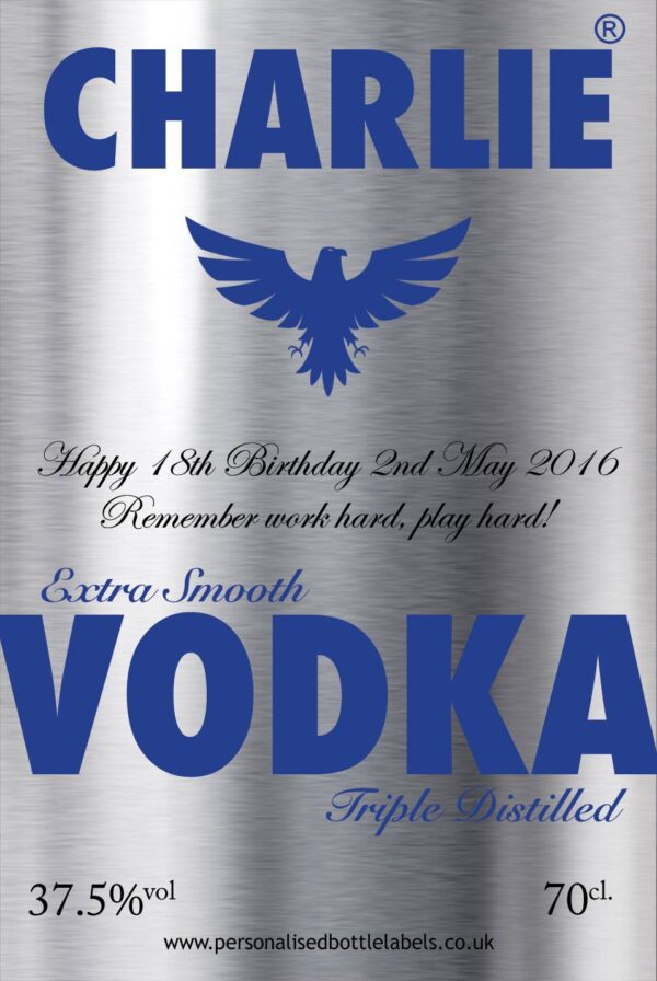 Personalised Silver and Blue Vodka Label For Any Occasion