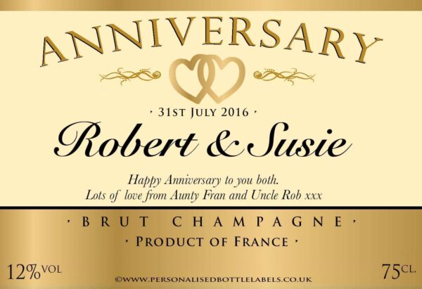 Personalised Anniversary Champagne Label with Gold Hearts