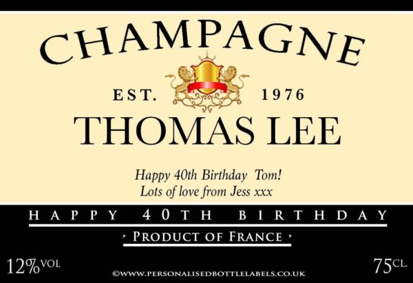 Personalised Birthday Champagne Label in Black and Cream