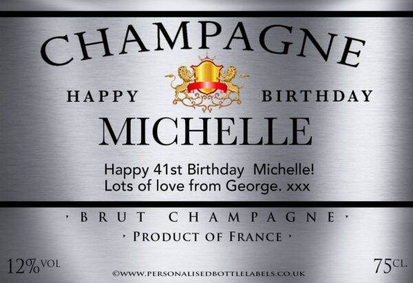 Personalised Birthday Champagne Label in Silver Effect