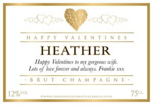 Personalised Valentines Champagne Label Gold Hearts