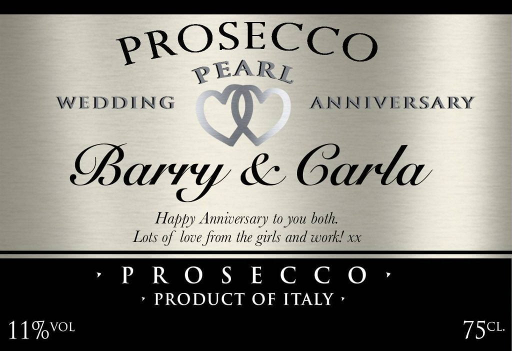 Personalised Pearl Anniversary Prosecco Label Personalised Bottle Labels