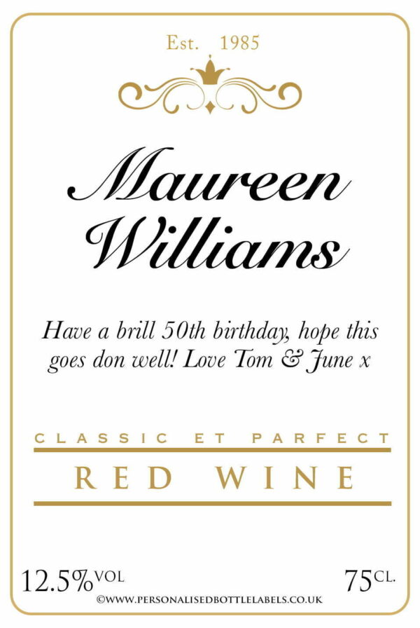 Personalised Classic Gold+White Red Wine Label