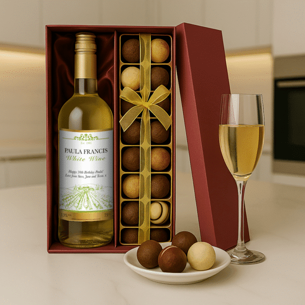 Personalised White Wine and Handmade Chocolates